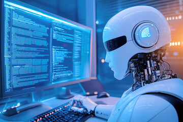 A humanoid robot interacts with computer code in a futuristic workspace at night