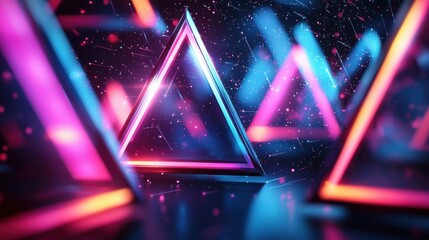 Canvas Print - An abstract digital design featuring vibrant triangular shapes illuminated with neon colors in a futuristic background.