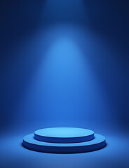 Aufkleber - Rendered empty stage is used for product display with a blue podium background and advertisement purposes.