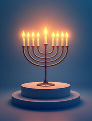 Aufkleber - Simple vector illustration of glowing Hanukkah menorah on flat podium for festive design and copy space.