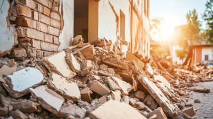 A collapsed building reveals the devastation caused by an earthquake as daylight fades