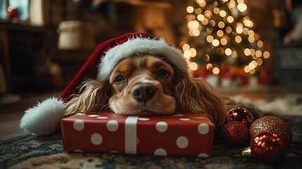 A cute dog wearing a Santa hat rests its head on a festive red gift box with white polka dots, surrounded by shiny Christmas ornaments.