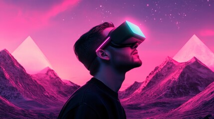 Poster - A person wearing a VR headset exploring a fantastical digital world with vibrant colors and impossible geometry.