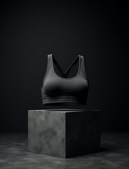 Poster - The sports bra sits stylishly on a pedestal with a textured dark background showcasing its design and features prominently in the image.