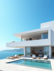 Poster - The studio is situated under a blue sky near the ocean with modern architecture and sleek design elements.