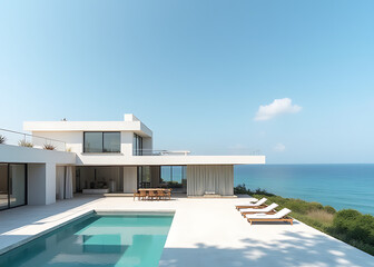 Poster - The studio is situated under a blue sky near the ocean with modern architecture and sleek design elements.