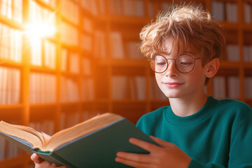 Young boy reading a book in a cozy library filled with warm sunlight during the afternoon