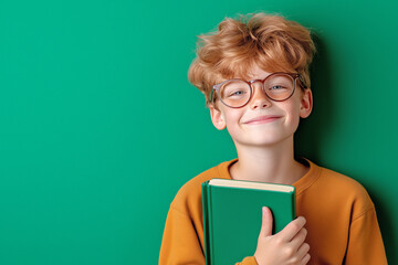 young boy with glasses smiling while holding a green book against a vibrant green background