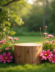 Aufkleber - Vibrant flowers surround elegant wooden podium in natural setting for product display purposes outdoors always.