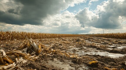 The remnants of a tornado leave cornfields flattened and muddy under darkening clouds