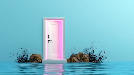 Wall Mural - A surreal doorway emerges from tranquil waters inviting exploration into a dreamlike realm of possibilities and imagination