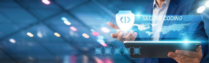 Poster - businessman using tablet analyzing secure coding best practices, software vulnerabilities, data prot