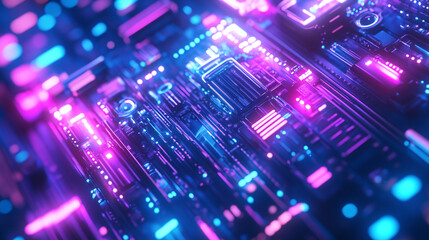 Poster - Vibrant close-up of a futuristic circuit board illuminated with neon lights