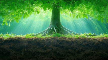 Wall Mural - a majestic tree with sprawling roots illuminated by sunlight in a tranquil forest setting