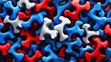 Abstract background of red, white, and blue 3D shapes.