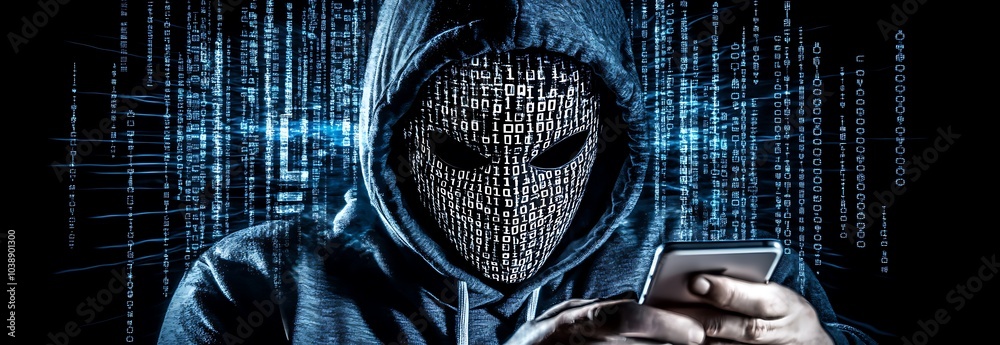 hacker wearing white mask with binary code digital interface using ...