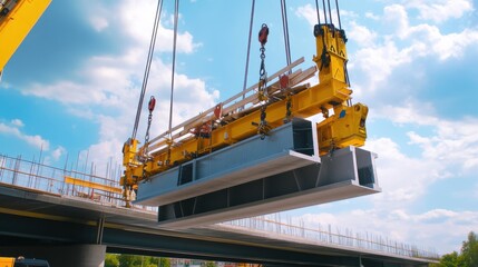 Poster - A cinematic view of a construction crane operator lifting heavy prefabricated sections for a bridge construction project, Prefabricated bridge construction scene, Strategic and logistical style