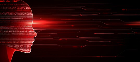 Aufkleber - Machine learning and cyber mind dominance concept in the shape of a woman's face outlined with circuit boards and binary data flowing across a red background.