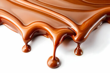 Rich, flowing chocolate sauce pooling on a white surface, showcasing a glossy texture and inviting color.