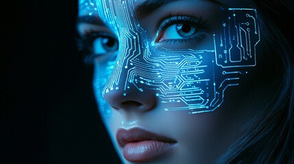 Poster - Blue-colored futuristic portrait of an AI girl. Stock and circuits.