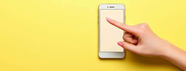Poster - Above-the-shoulder picture showing a female hand holding a smartphone on a yellow background.