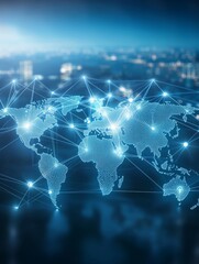 Poster - Nodes on world map continents are connected by decentralized lines in subtle blue colors