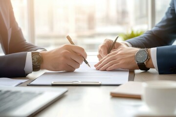 Business professionals collaborating on a contract with focused attention in a modern office setting