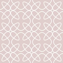 Wall Mural - Simple minimal vector seamless pattern. Abstract linear ornament texture with grid, lattice, mesh, squares, flower silhouettes, leaves. Subtle light pink geometric background. Repeated elegant design