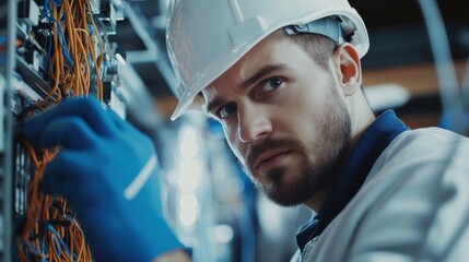Poster - A close-up of a construction electrician in a white hard hat and blue gloves, installing electrical wiring and looking at the camera, with a backdrop of electrical panels and tools