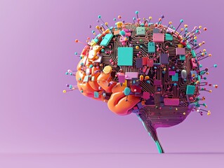 Poster - Purple gradient background with futuristic neon circuit brain illustration