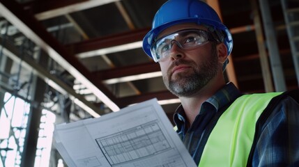 Poster - A close-up of a construction engineer in a blue hard hat and safety glasses, discussing plans with a colleague while looking at the camera, with a backdrop of construction blueprints and equipment
