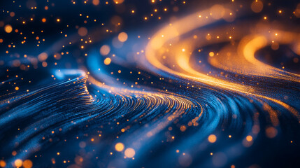 Poster - Sparkling golden and blue waves swirling together in a dynamic abstract design at night