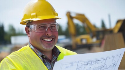 Poster - A close-up of a construction engineer in a yellow hard hat and safety glasses, reviewing blueprints and smiling at the camera, with a background of ongoing construction and equipment