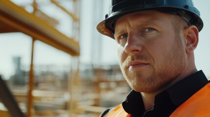 Poster - A close-up of a construction foreman in a black hard hat and orange vest, discussing plans with workers and looking directly at the camera, with a backdrop of a construction site and ongoing work