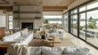 © Kate Pasechnik - A modern coastal living room with large windows