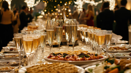 A long table is filled with food and drinks, including champagne glasses