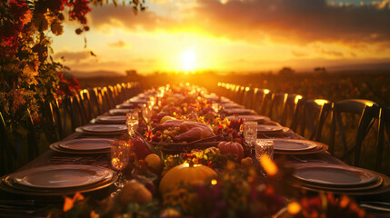 A long table with a sunset in the background and a floral arrangement