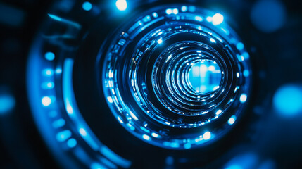 Poster - Exploring a futuristic blue tunnel with glowing lights and a mesmerizing circular perspective