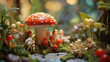 © Yuly - A close up of a forest scene with a red mushroom in the foreground