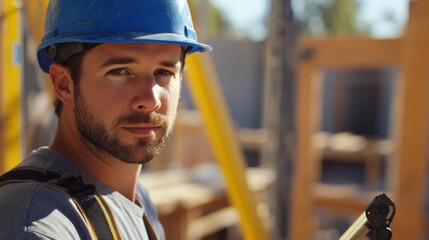 Poster - A close-up of a construction worker in a blue hard hat and safety glasses, lifting heavy materials with a crane hook and looking at the camera, with a backdrop of the crane and construction site