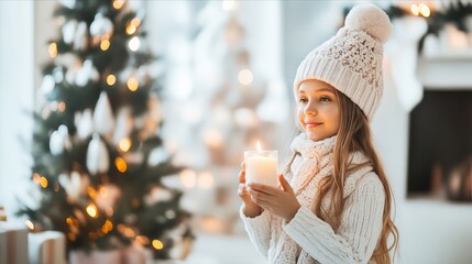 Wall Mural - A little girl holding a candle in front of a christmas tree