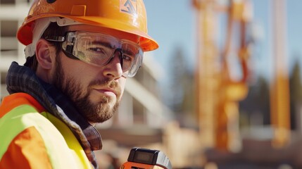 Poster - A close-up of a construction worker in a bright orange hard hat and reflective vest, checking measurements with a laser distance meter and looking at the camera