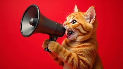 Ginger cat screaming into loudspeaker on red background