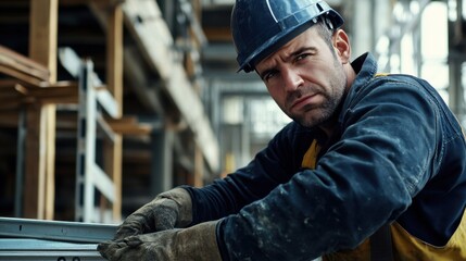 Poster - A close-up of a construction worker in a dark blue hard hat and work uniform, measuring with a tape measure and looking at the camera, with a backdrop of construction site and measuring tools