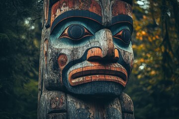 Wall Mural - Worn totem pole in Northwest woods Wooden figures