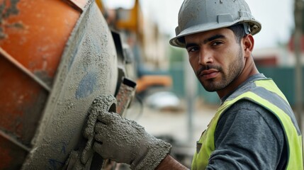 Poster - A close-up of a construction worker in a gray hard hat and safety vest, welding metal parts and looking at the camera, with sparks and welding equipment visible in the background