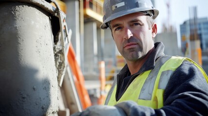 Poster - A close-up of a construction worker in a gray hard hat and safety vest, welding metal parts and looking at the camera, with sparks and welding equipment visible in the background