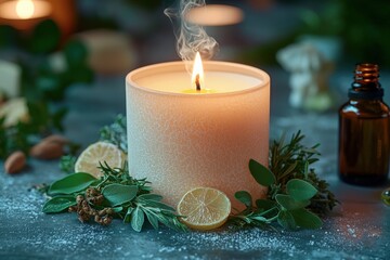 A candle glows amidst herbs and lemon slices in a calm setting