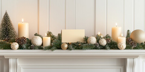 Christmas mantel decorated with candles, ornaments, pine branches, and a blank card, creating a cozy and festive holiday display