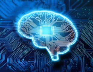 Poster - intricate circuit board with illuminated brain symbol representing artificial intelligence technolog
